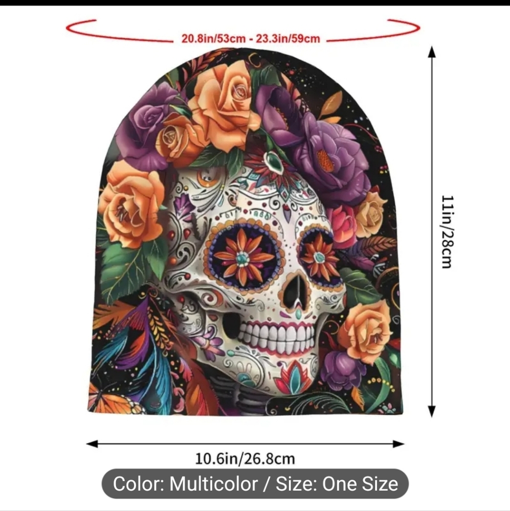 Colorful Skull Print Slouch Beanie - Picture 2 of 8